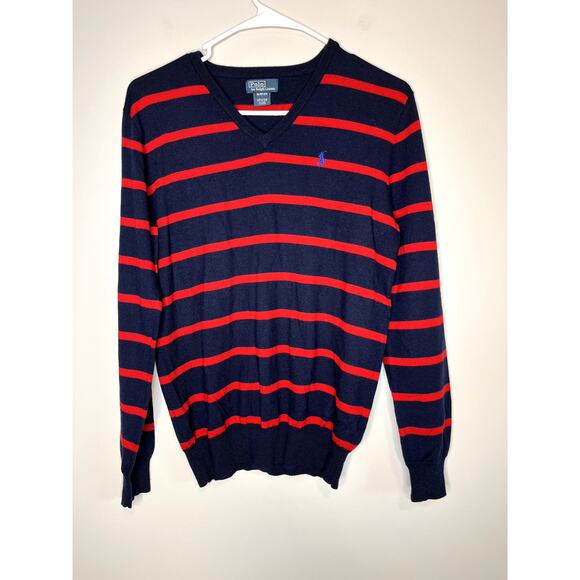 Polo Ralph Lauren Blue Red Stripe Wool Elbow Patches Old Money V Neck Sweater XL - Picture 1 of 6